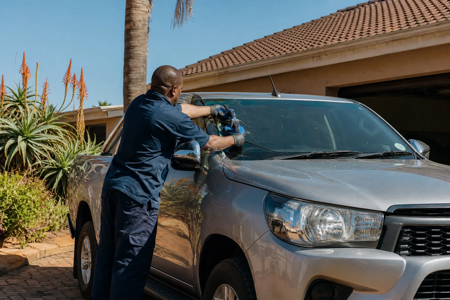 Mobile technician replacing a windscreen on a South African driveway