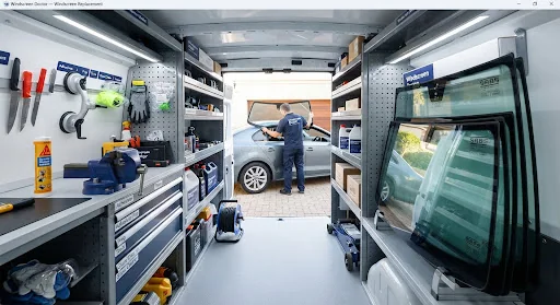Organised mobile windscreen tools and glass storage
